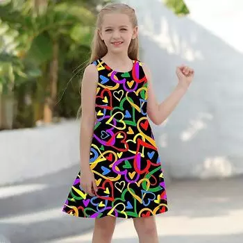 Платье для девочек Без рукавов 3D Красочный с принтом в виде полого сердца Лето Весна Повседневные Милый Повседневный Милый Дети Платье трапециевидной формы Платье-майка Платье для сна Спокойной ночи 80 зелёный
