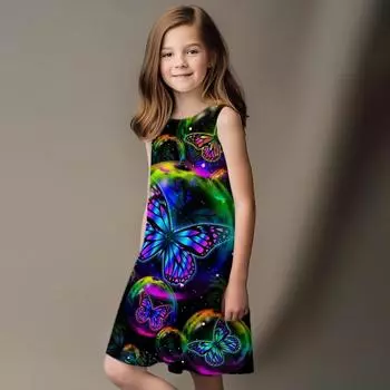 Платье для девочек Без рукавов 3D Зеленый Кристалл С принтом бабочки Лето Весна Повседневные Милый Повседневный Милый Дети Платье трапециевидной формы Платье-майка Платье для сна Спокойной ночи 80 розовый