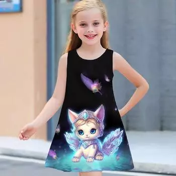 Платье для девочек Без рукавов 3D Цветной принт с эльфами Лето Весна Повседневные Милый Повседневный Милый детский трапециевидный силуэт Платье-майка Платье спокойной ночи для сна 80 розовый