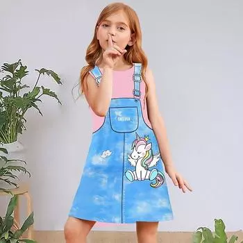 Платье для девочек Без рукавов 3D Синий с принтом лошади Лето Весна Повседневные Милый Повседневный Милый детский трапециевидный наряд Платье-майка Платье спокойной ночи для сна 80 розовый