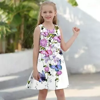 Платье для девочек Без рукавов 3D Ожерелье-бабочка С принтом Лето Весна Повседневные Милый Повседневный Милый Дети Платье трапециевидной формы Платье-майка Платье для сна Спокойной ночи 80 белый