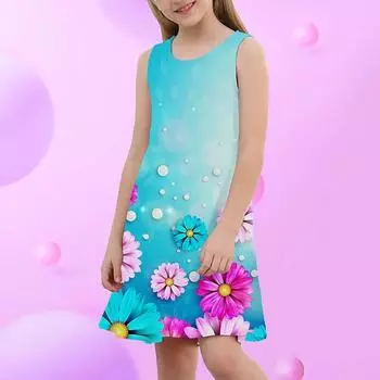 Платье для девочек Без рукавов 3D Голубой Мечтательный цветочный принт Лето Весна Повседневные Милое детское платье Платье-майка Платье спокойной ночи для сна 80 светло-синий