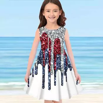Платье для девочек Без рукавов 3D-синий с капельным принтом Лето Повседневные Милые Повседневные милые дети Платье трапециевидной формы Платье-майка 110 красный