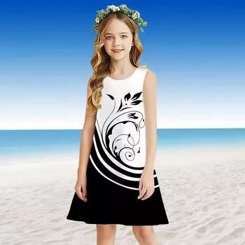Платье для девочек Без рукавов 3D Черно-белая линия с принтом листьев Лето Повседневные Милые повседневные милые дети Платье трапециевидной формы Платье-майка 110 чёрный