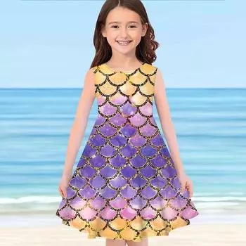 Платье для девочек Без рукавов 3D Фиолетовый Чешуйчатый принт Лето Повседневные Милые Повседневные милые дети Платье трапециевидной формы Платье-майка 110 фиолетовый