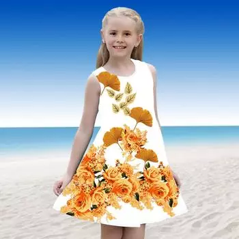 Платье для девочек Без рукавов 3D Желтые увядшие цветы с принтом Лето Повседневные Милые повседневные милые дети Платье трапециевидной формы Платье-майка 110 оранжевый