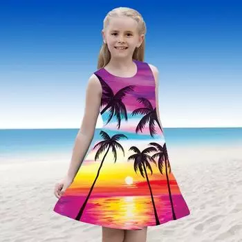 Платье для девочек Без рукавов 3D Оранжевый с принтом заката Лето Повседневные Милые Повседневные милые дети Платье трапециевидной формы Платье-майка 110 красный