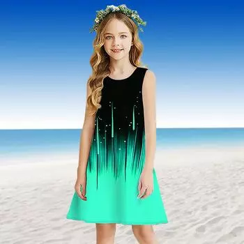 Платье для девочек Без рукавов 3D-зеленый метеоритный принт Лето Повседневные Милые Повседневные милые дети Платье трапециевидной формы Платье-майка 110 зелёный