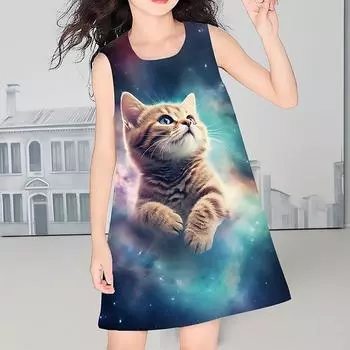 Платье для девочек без рукавов с 3D принтом «эльф-кошка» Лето Весна Повседневные Милое повседневное милое детское платье трапециевидной формы Платье-майка Платье для сна «Спокойной ночи» 80 синий