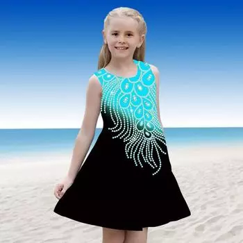 Платье для девочек Без рукавов С 3D-синим жемчужным принтом Лето Повседневные Милые Повседневные милые дети Платье трапециевидной формы Платье-майка 120 синий