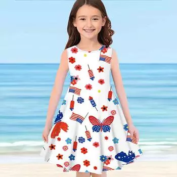 Платье для девочек без рукавов с 3D-принтом бабочки Лето Весна Повседневные Милое повседневное милое детское платье трапециевидной формы Платье-майка 110 белый