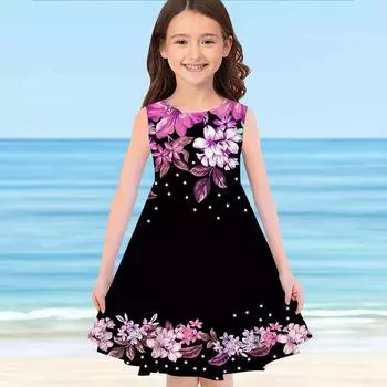 Платье для девочек без рукавов с объемным принтом розового цвета вишни Лето Повседневные Милое повседневное милое детское платье трапециевидной формы Платье-майка 110 чёрный