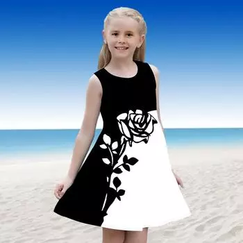 Платье для девочек без рукавов с 3D принтом «черная роза» Лето на каждый день Милое повседневное милое детское платье трапециевидной формы Платье-майка 110 белый