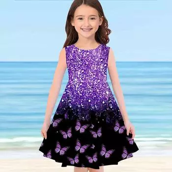 Платье для девочек Без рукавов с 3D фиолетовым принтом «Бабочка в небе» Лето Весна Повседневные Повседневные милые дети Платье трапециевидной формы Платье-майка 110 фиолетовый