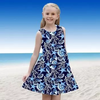 Платье для девочек Без рукавов С 3D-синим принтом ракушек Лето Повседневные Милые Повседневные милые дети Платье трапециевидной формы Платье-майка 110 синий
