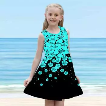 Платье для девочек, без рукавов, с 3D-синим принтом вишни, лето, на каждый день, милое, повседневное, милое детское платье трапециевидной формы, платье-майка 110 синий