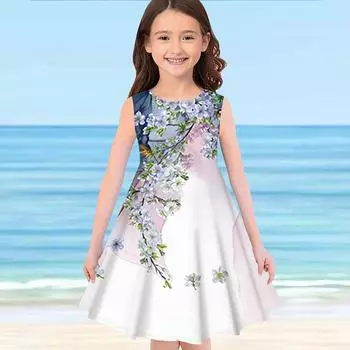 Платье для девочек без рукавов с объемным принтом розовых ветвей Лето Повседневные Милые Повседневные милые детские платья трапециевидной формы Платье-майка 110 красный