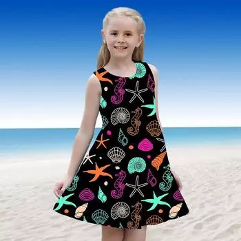 Платье для девочек Без рукавов с 3D принтом океанских звезд Лето Повседневные Милые Повседневные милые дети Платье трапециевидной формы Платье-майка 110 чёрный