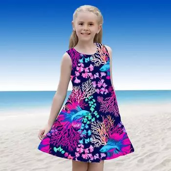 Платье для девочек, без рукавов, с 3D подводным принтом, коралловым принтом, Лето, на каждый день, милое повседневное милое детское платье трапециевидной формы, платье-майка 120 фиолетовый