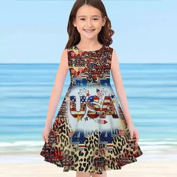 Платье для девочек без рукавов с 3D-принтом гепарда, летнее, повседневное, милое ... детское, платье-трапеция, платье-майка 110 жёлтый