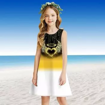Платье для девочек без рукавов с 3D-желтым принтом «корона любви» Лето на каждый день Милое повседневное милое детское платье трапециевидной формы Платье-майка 110 жёлтый