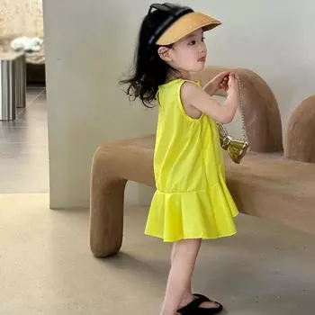 Платье для девочек, детское платье, летнее детское платье, однотонное платье с круглым вырезом, без рукавов, с оборками 13 жёлтый