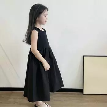 Платье для девочек Детское платье Летнее платье с круглым вырезом без рукавов Однотонное платье в стиле пэчворк Милое детское платье принцессы 7 чёрный