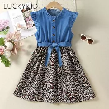 Платье для девочек, джинсовое платье принцессы с рюшами и леопардовым принтом, детская одежда 5-6Y