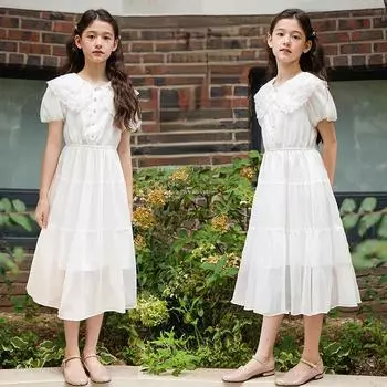 Платье для девочек, летнее белое платье с воротником в виде листьев лотоса, 2023 г., детское модное платье принцессы 120cm