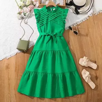 Платье для девочек, летнее детское модное элегантное платье принцессы с оборками на рукавах 130cm=8Y зелёный
