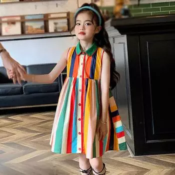 Платье для девочек, летнее детское платье с лацканами, без рукавов, красочное полосатое детское платье, милое детское платье принцессы 7