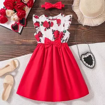 Платье для девочек, летнее детское платье принцессы с милым бантом и цветочным узором 130cm красный