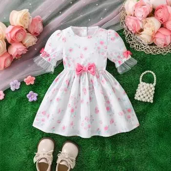 Платье для девочек, летнее детское платье с милым бантом и цветочным принтом, детское платье принцессы с рукавами-крылышками 80cm белый