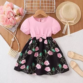 Платье для девочек, летнее детское платье с милым бантом и цветочным принтом, детское платье принцессы с рукавами-крылышками 90cm розовый