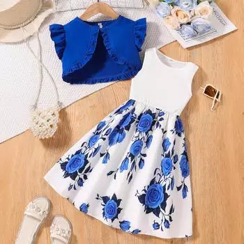Платье для девочек, летнее детское пляжное платье с цветочным принтом, милый летний комплект из двух предметов 130cm королевский синий