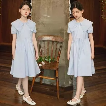 Платье для девочек, летнее хлопковое платье с короткими рукавами, 2023 г., детское платье принцессы с жемчужным воротником-бабочкой 120cm