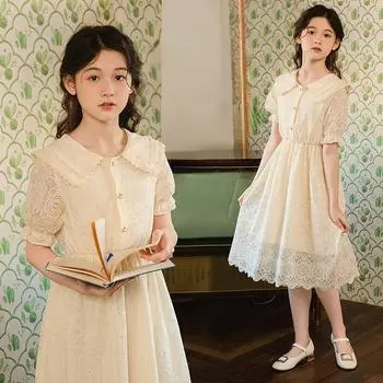 Платье для девочек. Летнее кружевное платье с короткими рукавами. 2023. Детское платье принцессы. 120cm абрикосовый