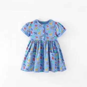 Платье для девочек, летнее новое стильное повседневное платье с круглым вырезом и короткими рукавами для маленьких девочек среднего и маленького возраста. 90cm