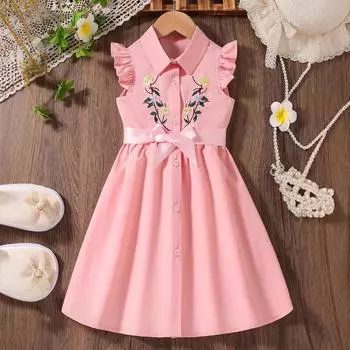Платье для девочек, летнее платье, детское милое платье с цветочным принтом, модное платье принцессы 130cm розовый