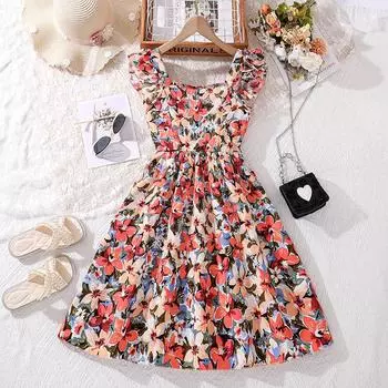 Платье для девочек, летняя детская одежда, новая юбка среднего и большого размера для детей 6-12 лет, юбка принцессы с бретелькой на бретельках и принтом 130cm/8Y красный