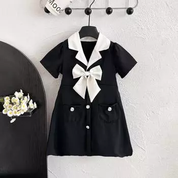 Платье для девочек, летняя одежда, юбка принцессы с бантом, черный костюм с V-образным вырезом, модные платья для детей 100 чёрный