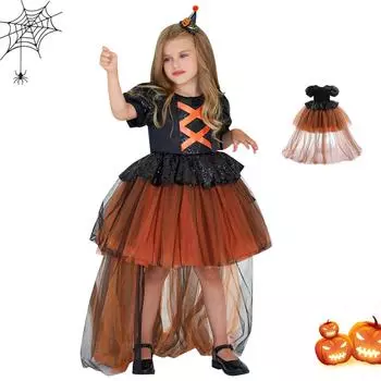 Платье для девочек на Хэллоуин, принтованное платье, костюм для ролевой игры ведьмы, костюм для косплея, маскарадный костюм 110 оранжевый