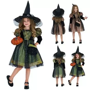 Платье для девочек на Хэллоуин, принтованное платье, костюм для ролевой игры ведьмы, костюм для косплея, маскарадный костюм 130 золотой