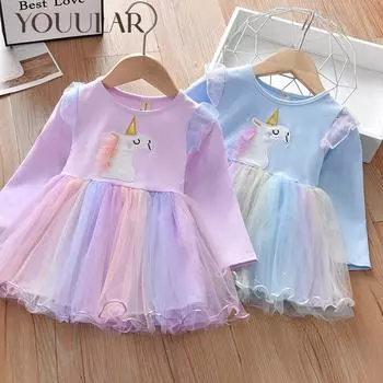Платье для девочек, новинка 2023 года, платье принцессы, весенне-осеннее сетчатое платье с длинными рукавами для маленьких девочек, детская одежда 90cm синий