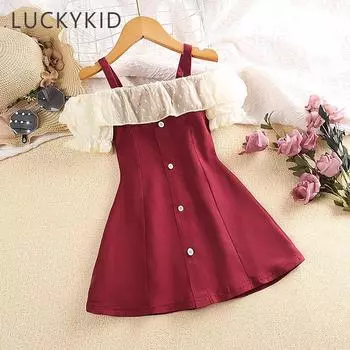 Платье для девочек, новинка 2023 года, летнее детское кружевное платье принцессы с короткими рукавами, детская одежда 3-4Y красный