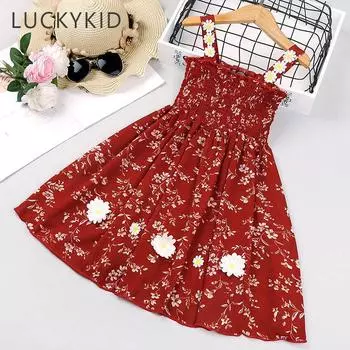 Платье для девочек, новинка 2023 года, летняя корейская версия детской юбки, платье принцессы на подтяжках с цветочным принтом, детская одежда 90 красный