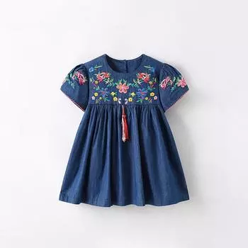 Платье для девочек, новое летнее детское платье принцессы с круглым вырезом и короткими рукавами, вышитое детское платье 90cm