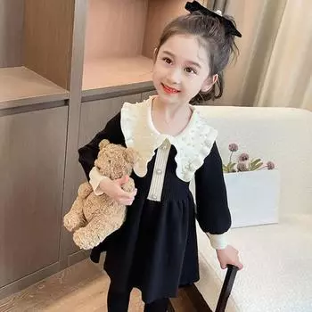 Платье для девочек осень-зима с кукольным воротником Роскошный сладкий декор из искусственного жемчуга контрастного цвета с длинными рукавами длиной до колена в рубчик с подолом детское платье миди 90 cm чёрный