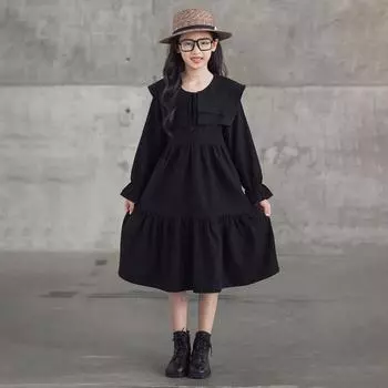 Платье для девочек, осеннее детское платье с двойным воротником и длинными рукавами, длинное платье принцессы 165 чёрный