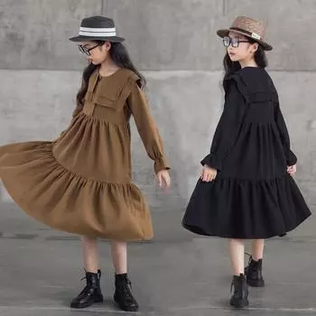 Платье для девочек, осеннее детское платье с двойным воротником и длинными рукавами, длинное платье принцессы 165 чёрный